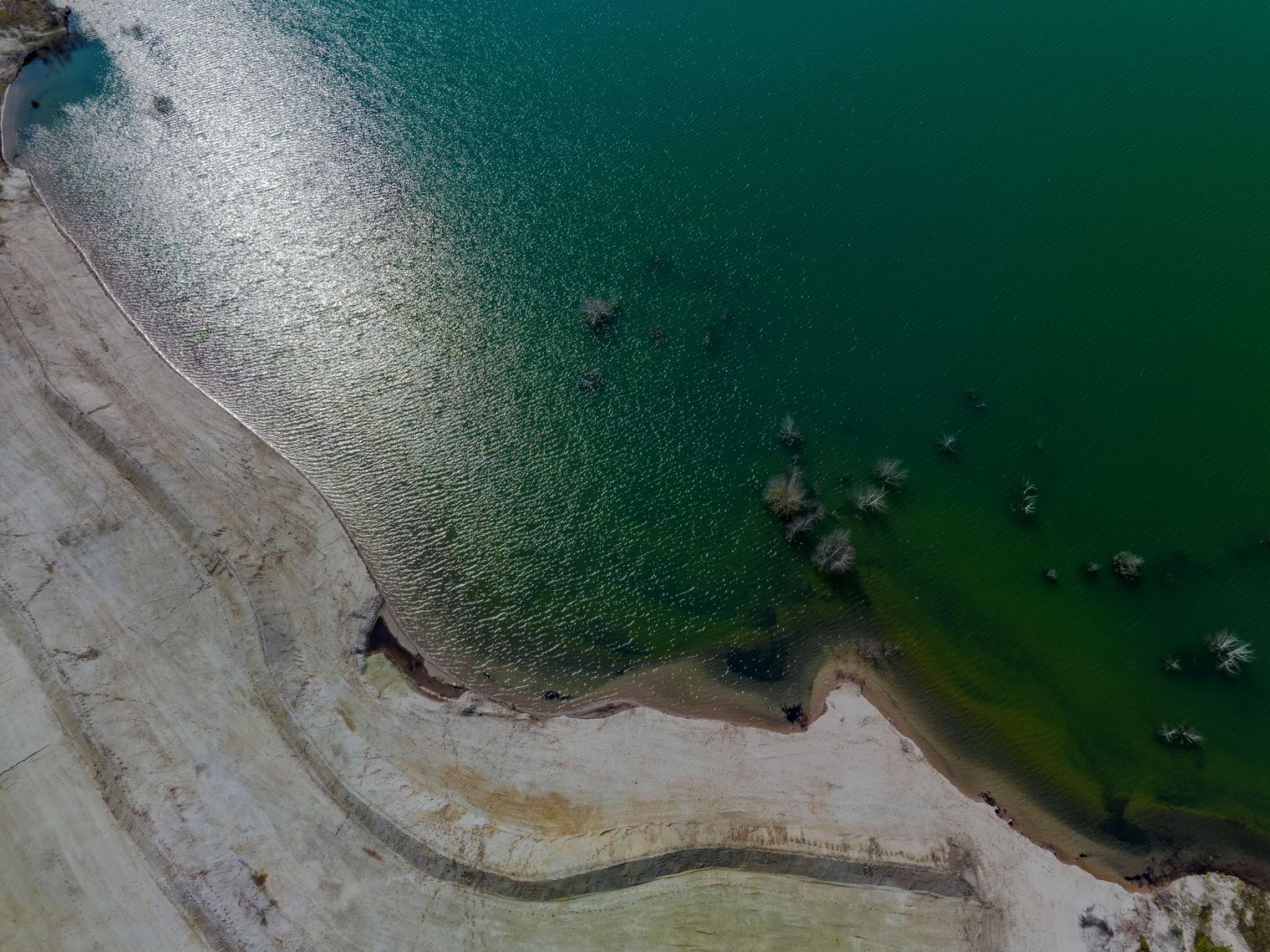 Luftaufnahme des Ufers am Lappwaldsee mit blaugrünem Wasser und hellem Ufer